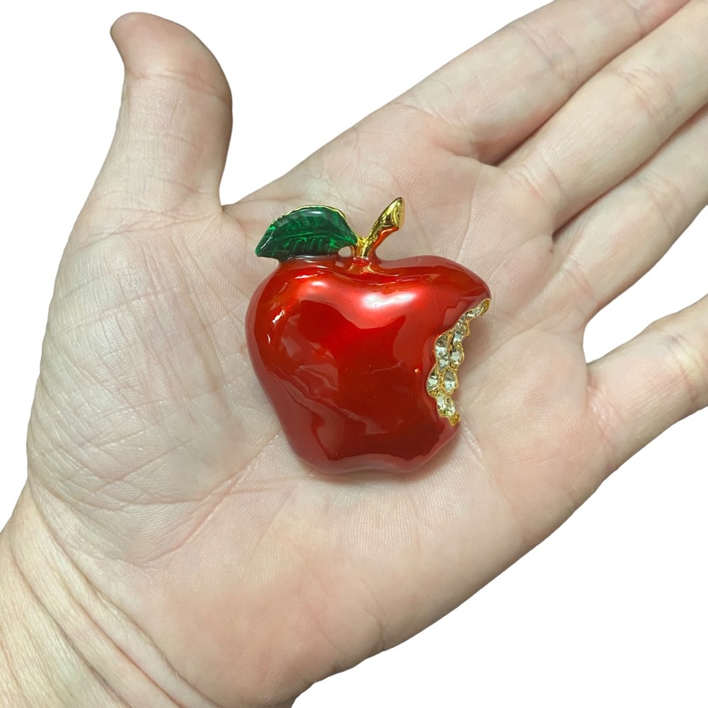 Vintage Brooch Shiny Apple Red Enamel Gold Tone Rhinestone Premier Designs